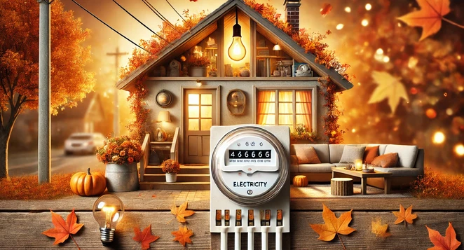 A horizontal image representing electricity consumption in autumn. The scene features a cozy home with warm autumn colors outside, like orange and bro