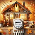 A horizontal image representing electricity consumption in autumn. The scene features a cozy home with warm autumn colors outside, like orange and bro