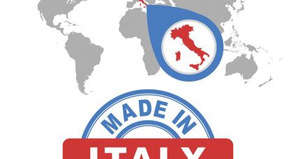Made in Italy stamp. World map with red country. Vector emblem in flat style on white background.