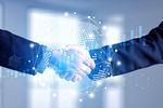 Businessmen handshake global stock market graph bar chart globe network connection links diagram background. Digital innovative technology internet communication agreement partnership teamwork concept