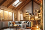 A photorealistic image depicting a cozy, modern Italian home in autumn, with a focus on energy efficiency and sustainability. The home features a visi