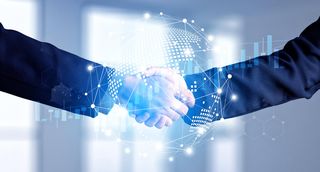 Businessmen handshake global stock market graph bar chart globe network connection links diagram background. Digital innovative technology internet communication agreement partnership teamwork concept